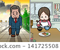 A woman eating alone with an exhausted man. 141725508