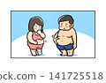 Men and women in swimsuits are shocked by their protruding bellies. 141725518