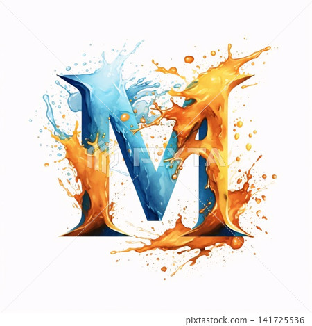 Vector illustration of orange and blue splash paint letter M isolated on white background 141725536