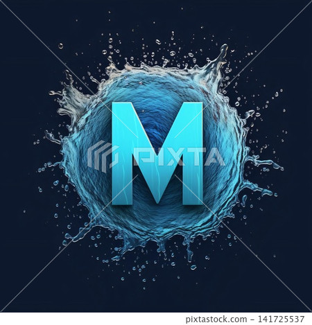 Blue water splash font letter M on dark blue background. 3D rendering Blue water splash font letter M on dark blue background. 3D rendering 141725537