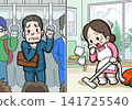 A man with a sore throat on a crowded train and a woman coughing while cleaning. 141725540