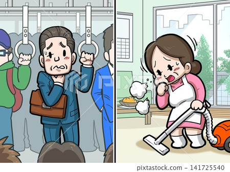 A man with a sore throat on a crowded train and a woman coughing while cleaning. A man with a sore throat on a crowded train and a woman coughing while cleaning. 141725540