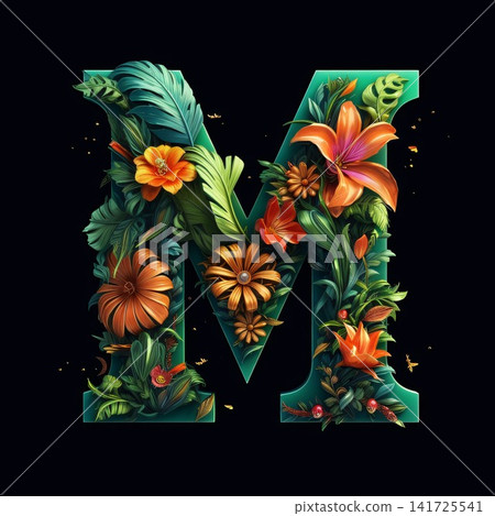 Beautiful font with flowers and leaves on black background. Letter M 141725541