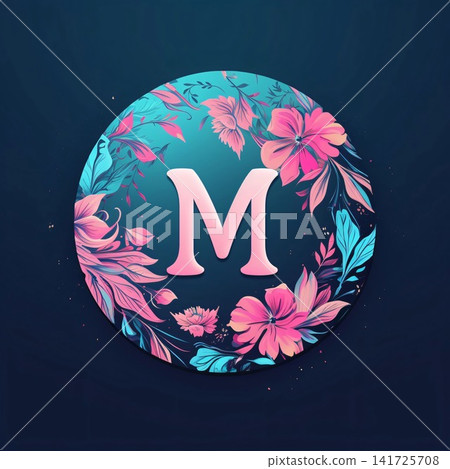 Floral letter M in circle frame. Floral font. Vector illustration. Floral letter M in circle frame. Floral font. Vector illustration. 141725708