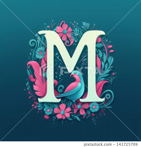 Floral letter M with birds and flowers. Floral font. Vector illustration. Floral letter M with birds and flowers. Floral font. Vector illustration. 141725709