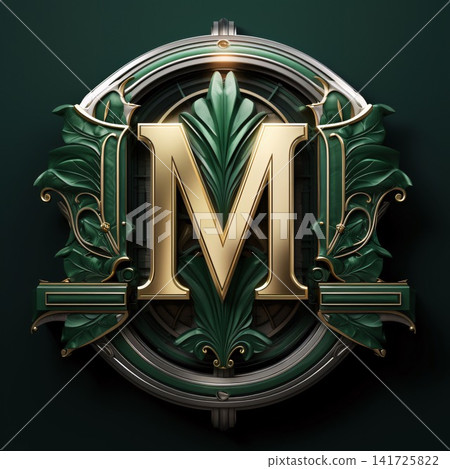 Luxury golden letter M with floral ornament on green background. 3D rendering 141725822