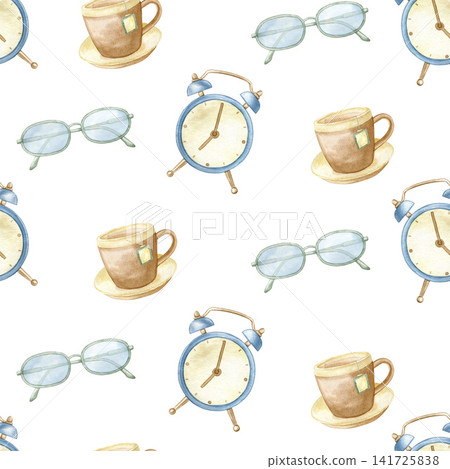 Watercolor seamless pattern with study essentials illustration. Hand drawn  background featuring alarm clocks, tea cups and eyeglasses on white for school design, stationery and textiles. 141725838