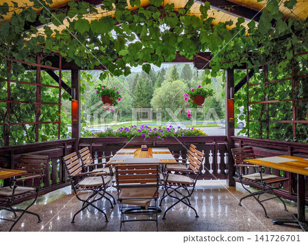 Cozy veranda restaurant in Slovenia with wooden tables, vine-covered roof and garden view, capturing relaxed outdoor dining and everyday local lifestyle Cozy veranda restaurant in Slovenia with wooden tables, vine-covered roof and garden view, capturing relaxed outdoor dining and everyday local lifestyle 141726701