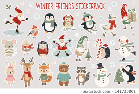 Christmas winter friends sticker pack with Santa, animals, snowman, gnome, penguin, reindeer, gifts, tree, and festive decor Christmas winter friends sticker pack with Santa, animals, snowman, gnome, penguin, reindeer, gifts, tree, and festive decor 141726801