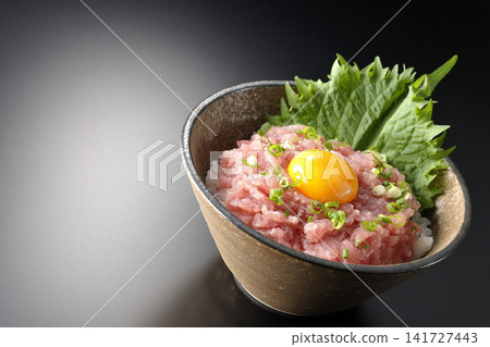 Negitoro Donburi and Tuna Tataki Donburi photographed against a black background. Negitoro Donburi and Tuna Tataki Donburi photographed against a black background. 141727443