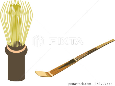 茶道用具的向量插圖:茶勺和茶筅。 茶道用具的向量插圖:茶勺和茶筅。 141727558
