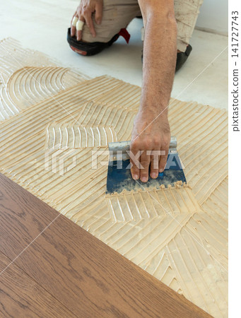 Worker applying adhesive on concrete floor with notched trowel during oakwood parquet installation 141727743