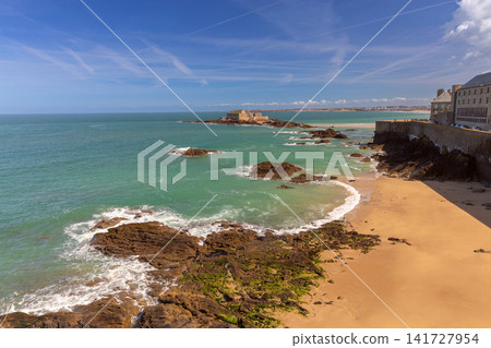 Rocky Coast and Sandy Beach Near Fort National in Saint Malo France Rocky Coast and Sandy Beach Near Fort National in Saint Malo France 141727954