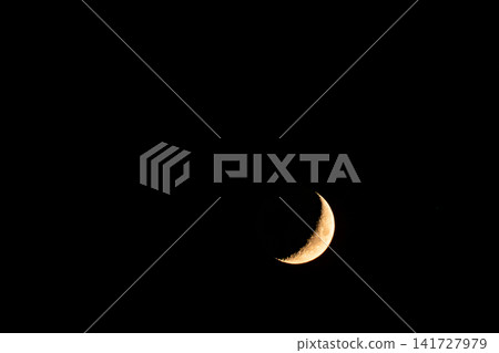 A beautiful crescent moon with shining craters against the pitch-black night sky. 141727979