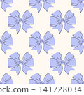 Seamless pattern with hand drawn purple bow. Decorative ribbon ornament for gift wrapping paper and textile design. Festive background illustration for birthday or holiday event. 141728034