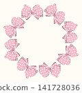 Round wreath of hand-drawn delicate pink bows polka dots. Vector illustration of a feminine decorative Circular frame. Romantic Design template for girls. 141728036