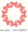 Round decorative frame made of red ribbon bows in the shape of a festive wreath looks elegant and romantic. Circular elegant template with space for text for greetings, postcards. 141728037
