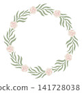 Floral wreath made of pink rose and green leaf branch. Decorative frame with plant element for wedding invitation or greeting card. Botanical border design on white background. 141728038