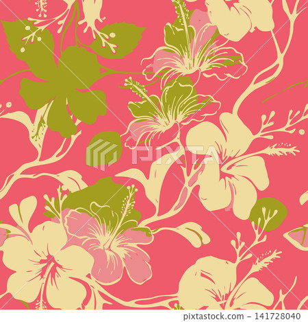 Modern tropical seamless pattern featuring cream and green hibiscus flowers and leaves on a coral pink background. Ideal for fashion and textile. Modern tropical seamless pattern featuring cream and green hibiscus flowers and leaves on a coral pink background. Ideal for fashion and textile. 141728040