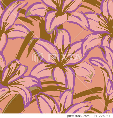 Modern seamless floral pattern featuring painterly pink lily flowers with purple outlines and olive green leaves. Ideal for fashion, textile, paper. Modern seamless floral pattern featuring painterly pink lily flowers with purple outlines and olive green leaves. Ideal for fashion, textile, paper. 141728044