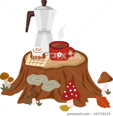 Cozy autumn forest picnic on a tree stump with a moka pot, cinnamon bun, and mushrooms Cozy autumn forest picnic on a tree stump with a moka pot, cinnamon bun, and mushrooms 141728129