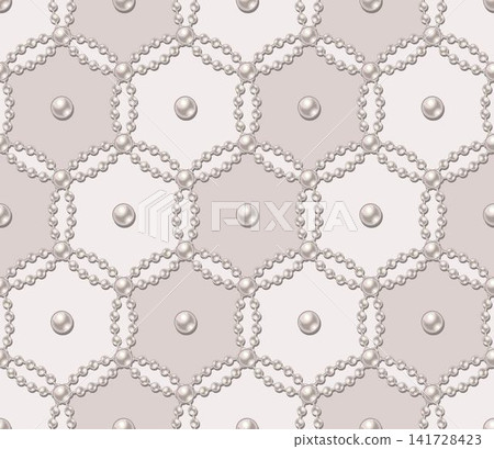 Seamless jewelry pattern with strings of white pearls, arranged in geometric grid with intricate overlapping circles. Pale pink background. Wedding luxury design element. Seamless jewelry pattern with strings of white pearls, arranged in geometric grid with intricate overlapping circles. Pale pink background. Wedding luxury design element. 141728423