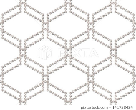 Seamless jewelry pattern with strings of white pearls arranged in geometric grid with offset overlapping hexagons. Transparent background. Wedding luxury design element. Seamless jewelry pattern with strings of white pearls arranged in geometric grid with offset overlapping hexagons. Transparent background. Wedding luxury design element. 141728424