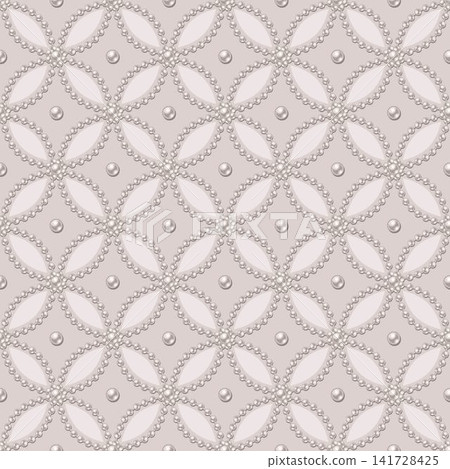 Seamless jewelry pattern with strings of white pearls, arranged in geometric grid with intricate overlapping circles. Ornament like quatrefoil flower with petals. Pale pink background. Wedding design Seamless jewelry pattern with strings of white pearls, arranged in geometric grid with intricate overlapping circles. Ornament like quatrefoil flower with petals. Pale pink background. Wedding design 141728425
