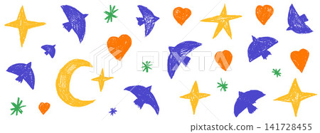 Bird and pastel silhouette set with blue dove and orange heart icons. Crayon bird in pastel brush and sketch for kids poster and print. Vector hand drawn doodle with pencil illustration in naive art Bird and pastel silhouette set with blue dove and orange heart icons. Crayon bird in pastel brush and sketch for kids poster and print. Vector hand drawn doodle with pencil illustration in naive art 141728455