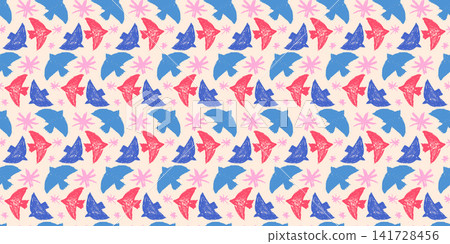 Bird silhouettes in blue and red allover cream with pink asterisk in a folk seamless pattern. Chalk bird shapes in a pastel vector pattern for fabric and wallpaper. Naive dove repeat bg for gift wrap Bird silhouettes in blue and red allover cream with pink asterisk in a folk seamless pattern. Chalk bird shapes in a pastel vector pattern for fabric and wallpaper. Naive dove repeat bg for gift wrap 141728456