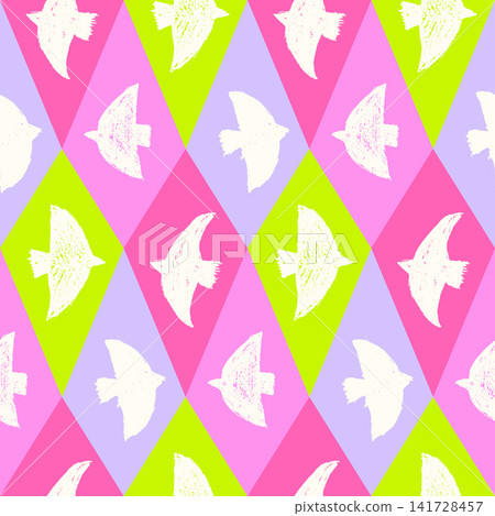 Colorful bird seamless pattern with white crayon silhouettes on pink and lime argyle. Stylized birds fly on a vibrant harlequin vector pattern for textile. Bright seagulls print for fabric Colorful bird seamless pattern with white crayon silhouettes on pink and lime argyle. Stylized birds fly on a vibrant harlequin vector pattern for textile. Bright seagulls print for fabric 141728457