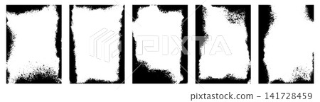 Grunge frames with rough spray texture and torn paper edges. Black painted photo border with grainy snow overlay and aged grunge feel for vintage mockup. Vector spray frame set isolated on white Grunge frames with rough spray texture and torn paper edges. Black painted photo border with grainy snow overlay and aged grunge feel for vintage mockup. Vector spray frame set isolated on white 141728459