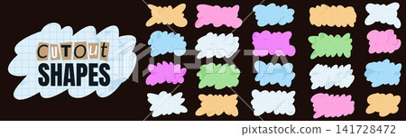 Cloud shape set with papercut texture and fluffy organic forms. Colorful cloud silhouettes show graph paper lines. Colorful vector element collection for sticker sheet design or promo callout tag Cloud shape set with papercut texture and fluffy organic forms. Colorful cloud silhouettes show graph paper lines. Colorful vector element collection for sticker sheet design or promo callout tag 141728472