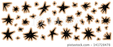 Retro crayon scrapbook stars with torn paper texture and sticker cutout doodles. Aesthetic pieces and scrappy journal shapes in a collage set. Vector zine star collection isolated for diary Retro crayon scrapbook stars with torn paper texture and sticker cutout doodles. Aesthetic pieces and scrappy journal shapes in a collage set. Vector zine star collection isolated for diary 141728478
