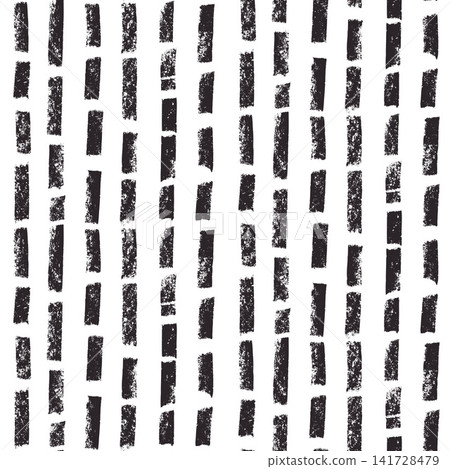 Hand-drawn seamless pattern with short small dashed lines charcoal texture. Minimalist geometric design with vertical brushstrokes for modern vector background and monochrome linocut print 141728479