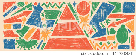 Egypt geometric pyramid text box with crayon pencil and ornament figure. Abstract shape design for ancient egypt travel and poster card. Hand drawn vector set with playful geometric doodle background Egypt geometric pyramid text box with crayon pencil and ornament figure. Abstract shape design for ancient egypt travel and poster card. Hand drawn vector set with playful geometric doodle background 141728481
