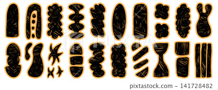 Quirky collage cutout figures with black hand drawn doodle for scrapbook. Bold abstract organic shapes and warm beige outline on scallop edges. Vector geometric collage set in naive cutout vibe Quirky collage cutout figures with black hand drawn doodle for scrapbook. Bold abstract organic shapes and warm beige outline on scallop edges. Vector geometric collage set in naive cutout vibe 141728482