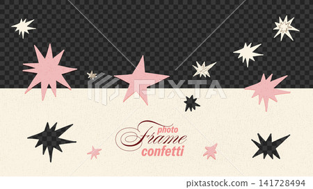 Photo frame with star cutouts, confetti, a scattered paper pattern, and an overlay. Beige background with a vector texture for a social media post cover. Scrapbook paper with a creative craft design Photo frame with star cutouts, confetti, a scattered paper pattern, and an overlay. Beige background with a vector texture for a social media post cover. Scrapbook paper with a creative craft design 141728494