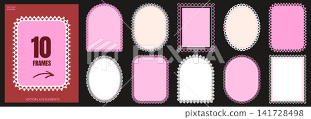 Playful lace frames with doily border and scallop pattern for text box. Cute arch, oval and ellipse shape in pink or white crochet detail. Vector lace geometric frame set isolated on black background Playful lace frames with doily border and scallop pattern for text box. Cute arch, oval and ellipse shape in pink or white crochet detail. Vector lace geometric frame set isolated on black background 141728498