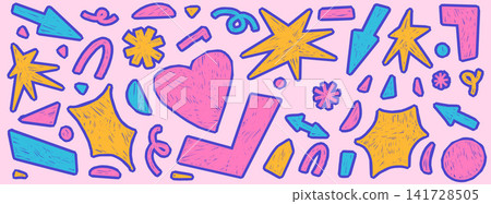 Star, arrow, heart paper cutout shapes in pastel pink yellow and blue with purple sketch outlines on background. Cutout doodle pieces for kids poster or kindergarten card. Geometric vector isolated Star, arrow, heart paper cutout shapes in pastel pink yellow and blue with purple sketch outlines on background. Cutout doodle pieces for kids poster or kindergarten card. Geometric vector isolated 141728505