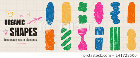 Hand drawn abstract doodle shapes with crayon texture for kids label and badge. Geometric and organic figure elements in colorful scribble. Vector abstract set of geometric forms for school collage Hand drawn abstract doodle shapes with crayon texture for kids label and badge. Geometric and organic figure elements in colorful scribble. Vector abstract set of geometric forms for school collage 141728506