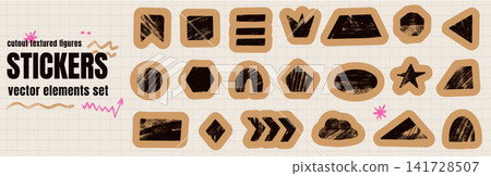 Hand drawn abstract and cutout shapes with geometric paper figure texture. Kraft brown square, rectangle, scrapbook collage elements on grid bg. Vector sticker set for craft journal and zine making Hand drawn abstract and cutout shapes with geometric paper figure texture. Kraft brown square, rectangle, scrapbook collage elements on grid bg. Vector sticker set for craft journal and zine making 141728507