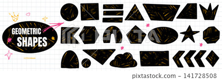 Abstract geometric shapes with rough crayon scratch on grid paper. Naive figures and organic square doodles with grunge texture for school poster. Vector abstract set of hand drawn shape elements Abstract geometric shapes with rough crayon scratch on grid paper. Naive figures and organic square doodles with grunge texture for school poster. Vector abstract set of hand drawn shape elements 141728508