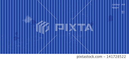 Blue corrugated texture forms a fluted metal container wall. Dark ribbed grooves carry scattered scratches and dirty grunge marks. Wide vector corrugated texture for web banner or presentation design Blue corrugated texture forms a fluted metal container wall. Dark ribbed grooves carry scattered scratches and dirty grunge marks. Wide vector corrugated texture for web banner or presentation design 141728522