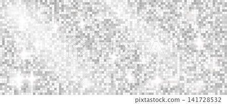 Disco background with grey mirror mosaic sparkle for music event poster. Shiny disco sequin and silver glitter tile texture. Vector background with shimmer and dance flickers grid pattern Disco background with grey mirror mosaic sparkle for music event poster. Shiny disco sequin and silver glitter tile texture. Vector background with shimmer and dance flickers grid pattern 141728532