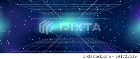 Universe room uses perspective lines around a central frame. Cyan aurora clouds and bright stars illuminate the universe scene. Vector perspective backdrop with cosmic depth for cover design or promo Universe room uses perspective lines around a central frame. Cyan aurora clouds and bright stars illuminate the universe scene. Vector perspective backdrop with cosmic depth for cover design or promo 141728539