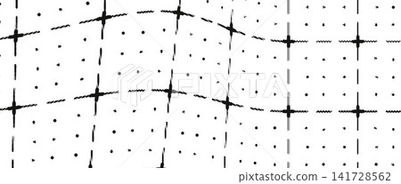 Grid texture background with halftone marks. Monochrome grunge dots form warped lattice crosses and mesh points. Distressed vector grid and texture backdrop for web banner or presentation design Grid texture background with halftone marks. Monochrome grunge dots form warped lattice crosses and mesh points. Distressed vector grid and texture backdrop for web banner or presentation design 141728562