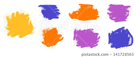 Abstract spot, blob shapes with spray paint splatter and ink splotch. Colorful spots frames with graffiti grunge texture for poster. Bold vector abstract splash elements in urban distressed drip set 141728563