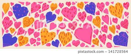 Heart scrapbook set with paper collage shape and scribble icon cutout for craft journal. Bold pink orange and blue hearts torn from paper with graphic doodle marks. Vector love symbols set on beige bg Heart scrapbook set with paper collage shape and scribble icon cutout for craft journal. Bold pink orange and blue hearts torn from paper with graphic doodle marks. Vector love symbols set on beige bg 141728564