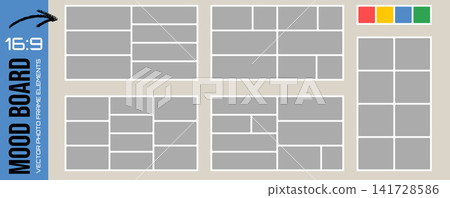 Moodboard set with five modular photo grids and a color palette. Gray placeholders on a cream background. Simple vector mood board frames collection for presentation design or text box design Moodboard set with five modular photo grids and a color palette. Gray placeholders on a cream background. Simple vector mood board frames collection for presentation design or text box design 141728586